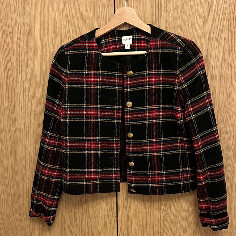 J. Crew Black and Red Plaid Blazer with Gold Buttons